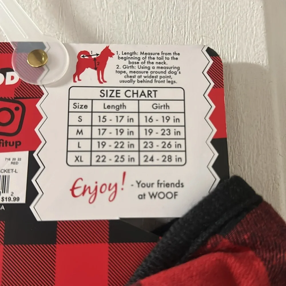 WOOF BUFFALO CHECK PET JACKET: RED/BLACK: NEW WITH TAGS: SIZE LARGE